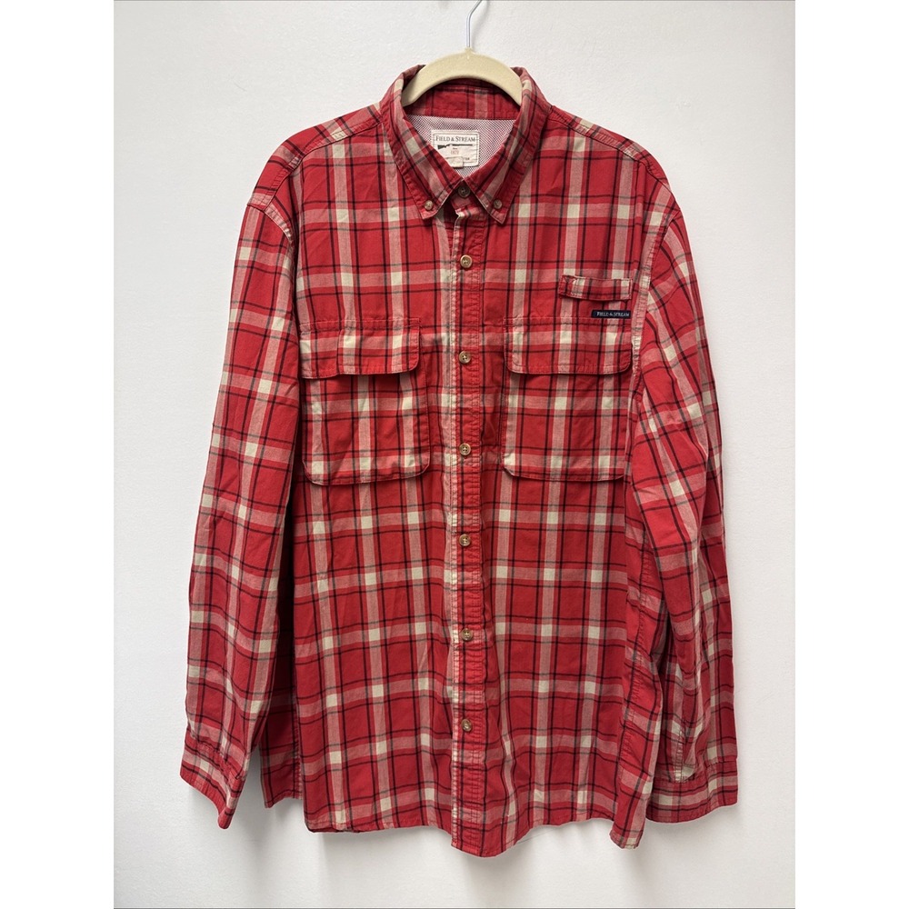 Field & Stream‎ Men's Shirt Lg Hiking Fishing Outdoor Red Plaid Long Sleeve